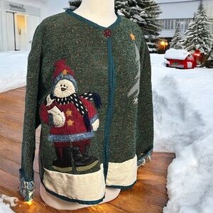 Unique Vintage Snowman Appliqué Tapestry Ugly Christmas Jacket size Large/XL
